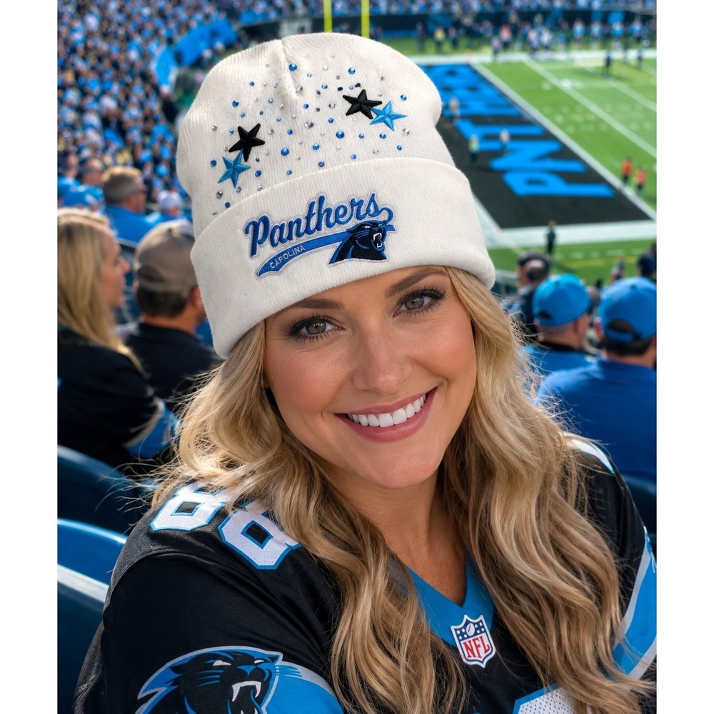Carolina Panthers Beanie White design with logo,‎ stars & rhinestones